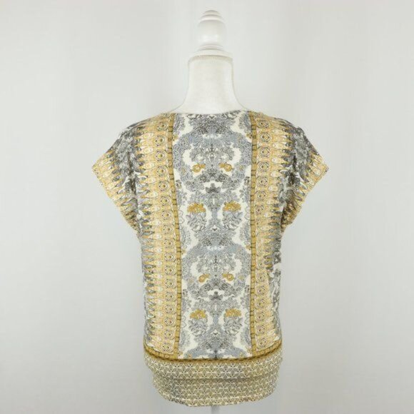 Lucky Brand Women's Medium Yellow Black Split Scoop Neck Tie Hem Cap Sleeve Tee - Picture 4 of 10